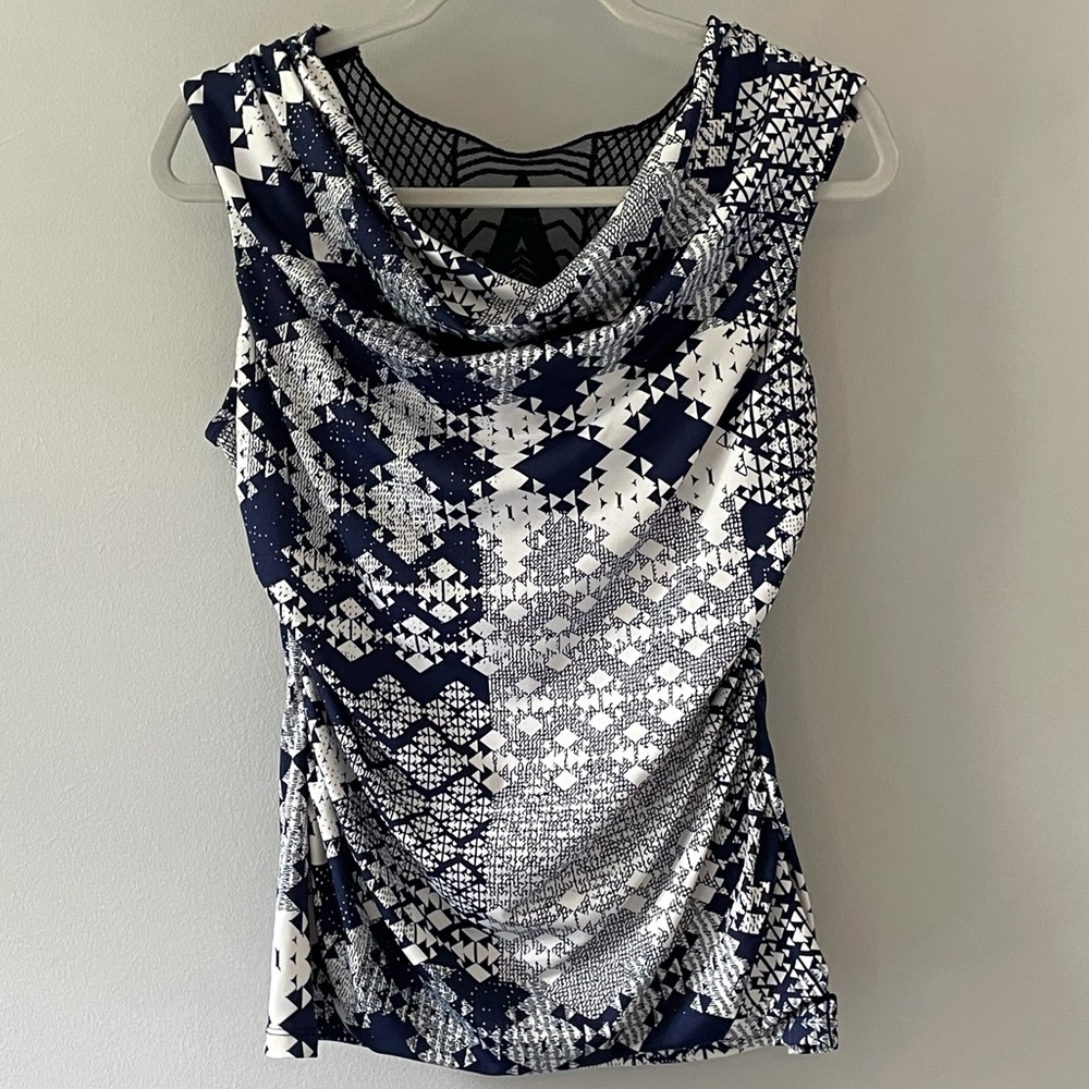Blue and white geometric print sleeveless top